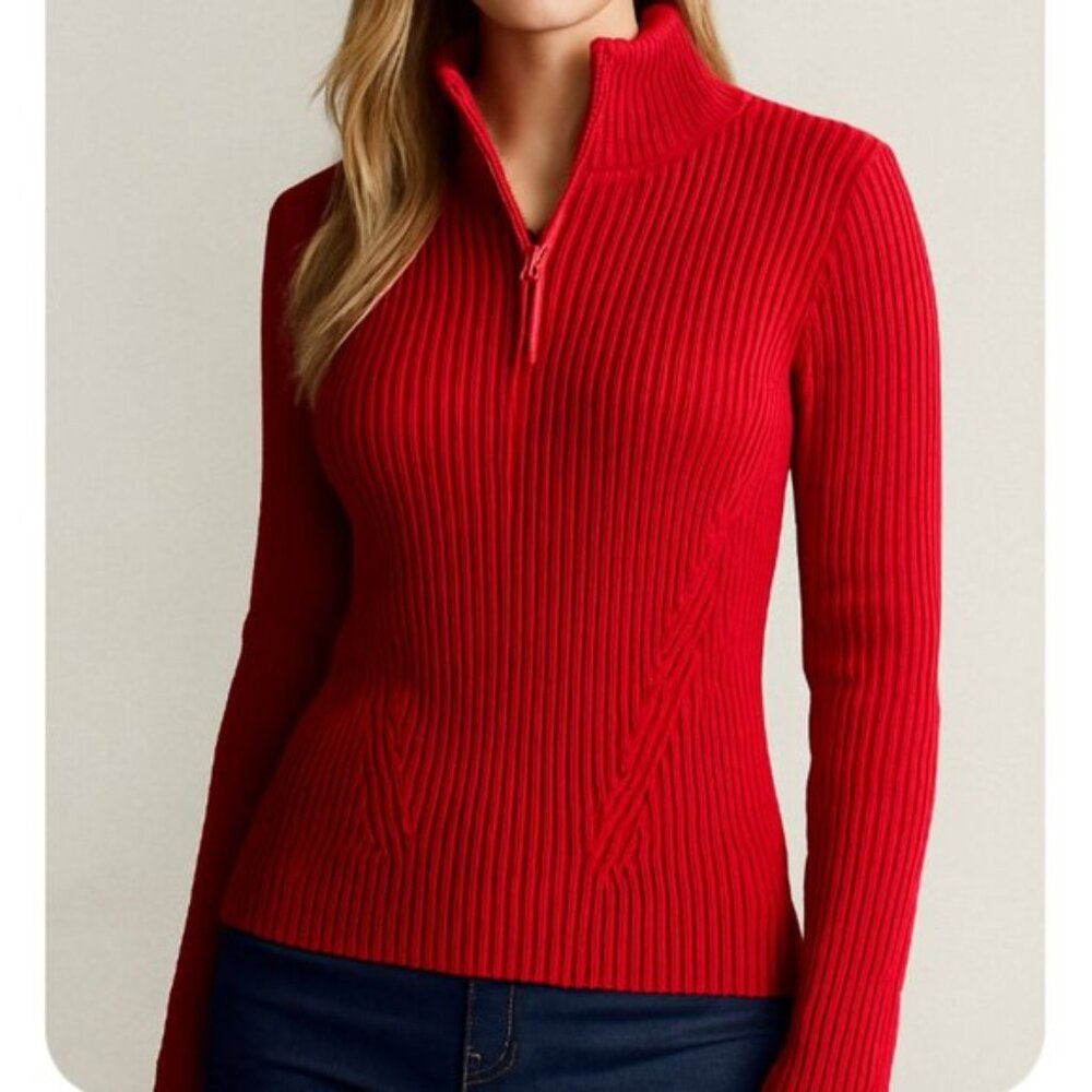 Liz & Co. Jacket Knitted Top Red Striped Sweater Zip Neck Long Sleeve 1XL